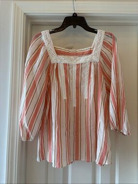LC Lauren Conrad Pink Stripe Crochet Trim Peasant Blouse Size Large